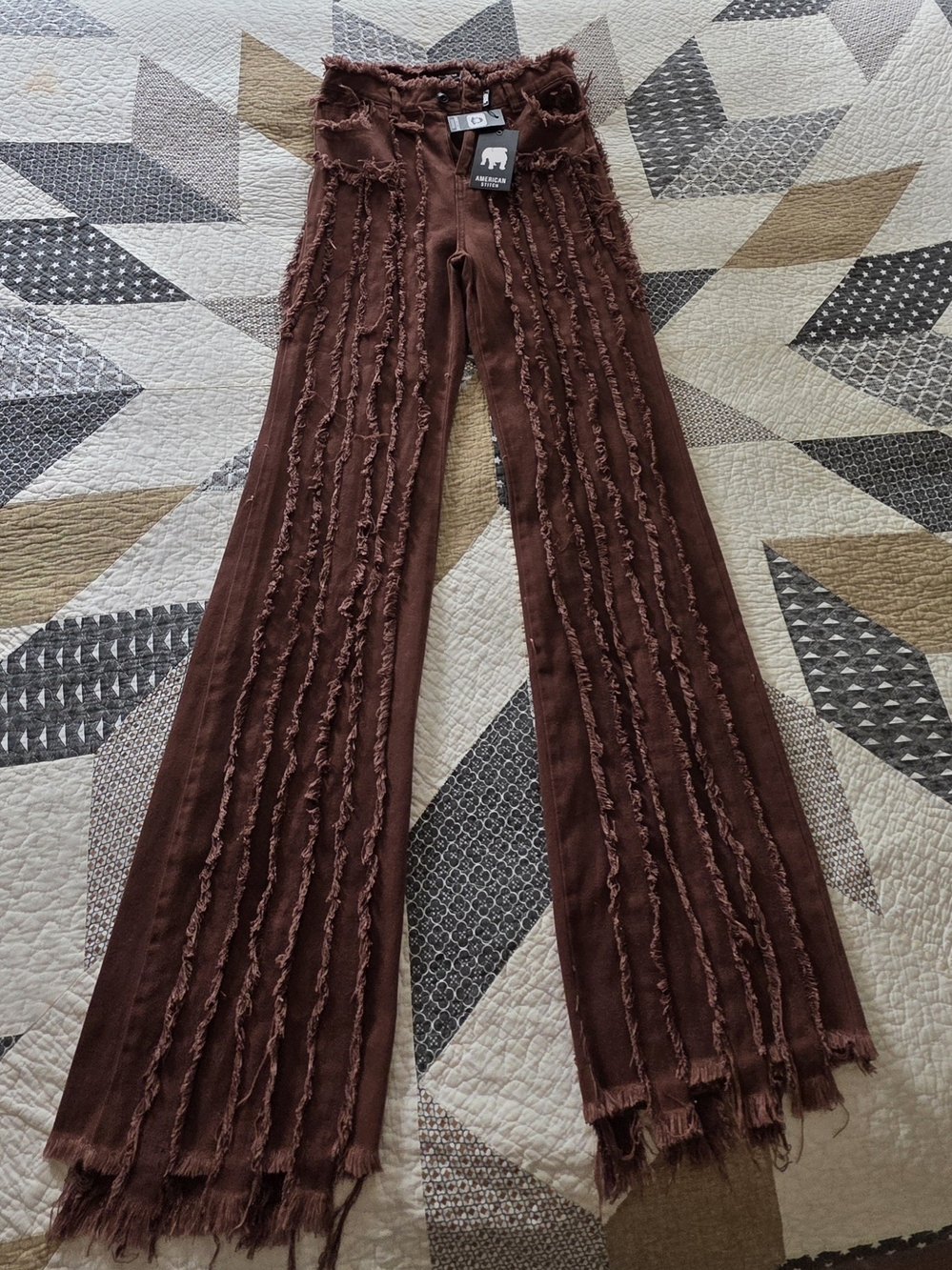 American Stitch Brown Textured Fringe Flare Jeans